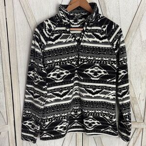 Black and White Patterned Fleece Pullover Quarter Zip Large